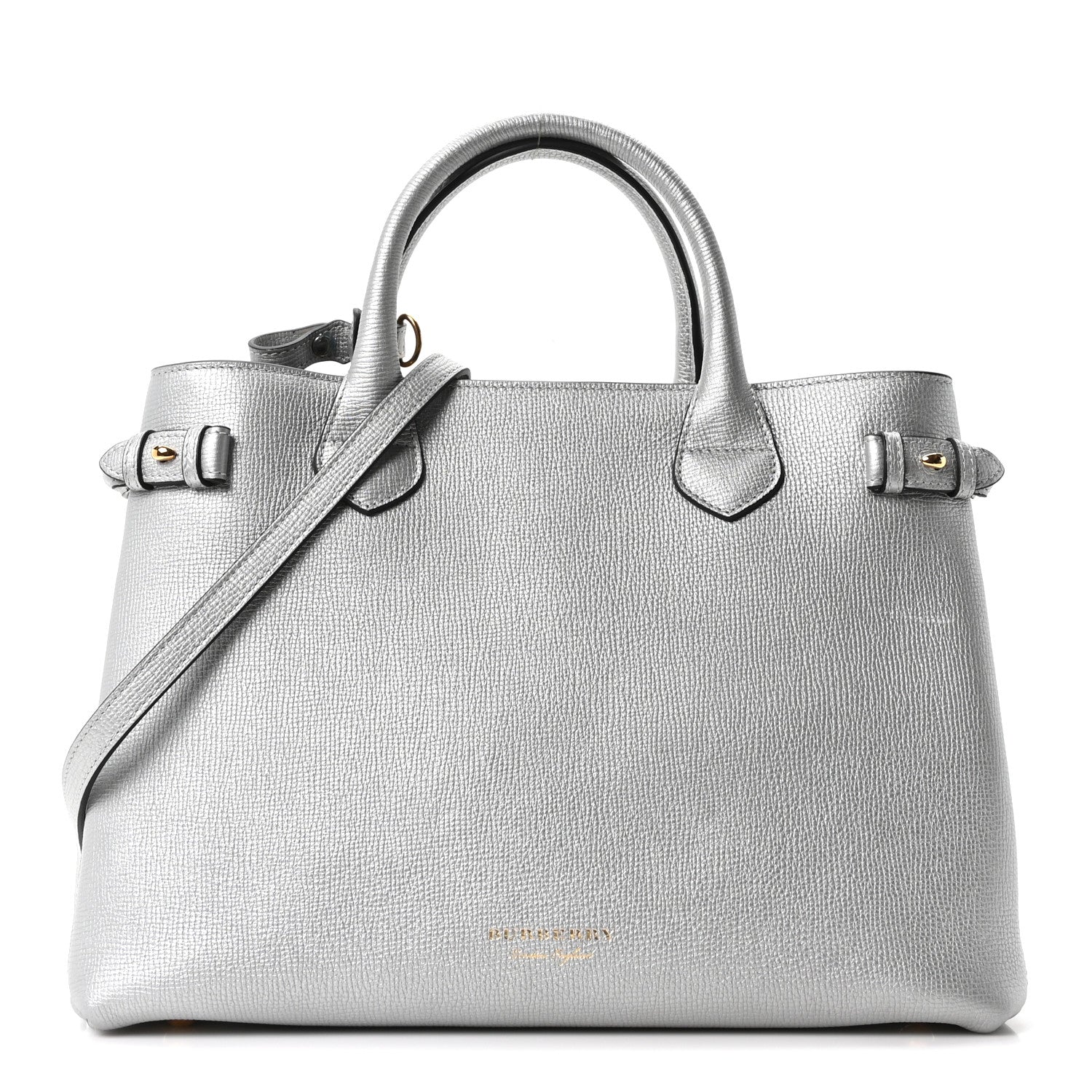 Metallic Grainy Calfskin House Check Medium Banner Tote Silver