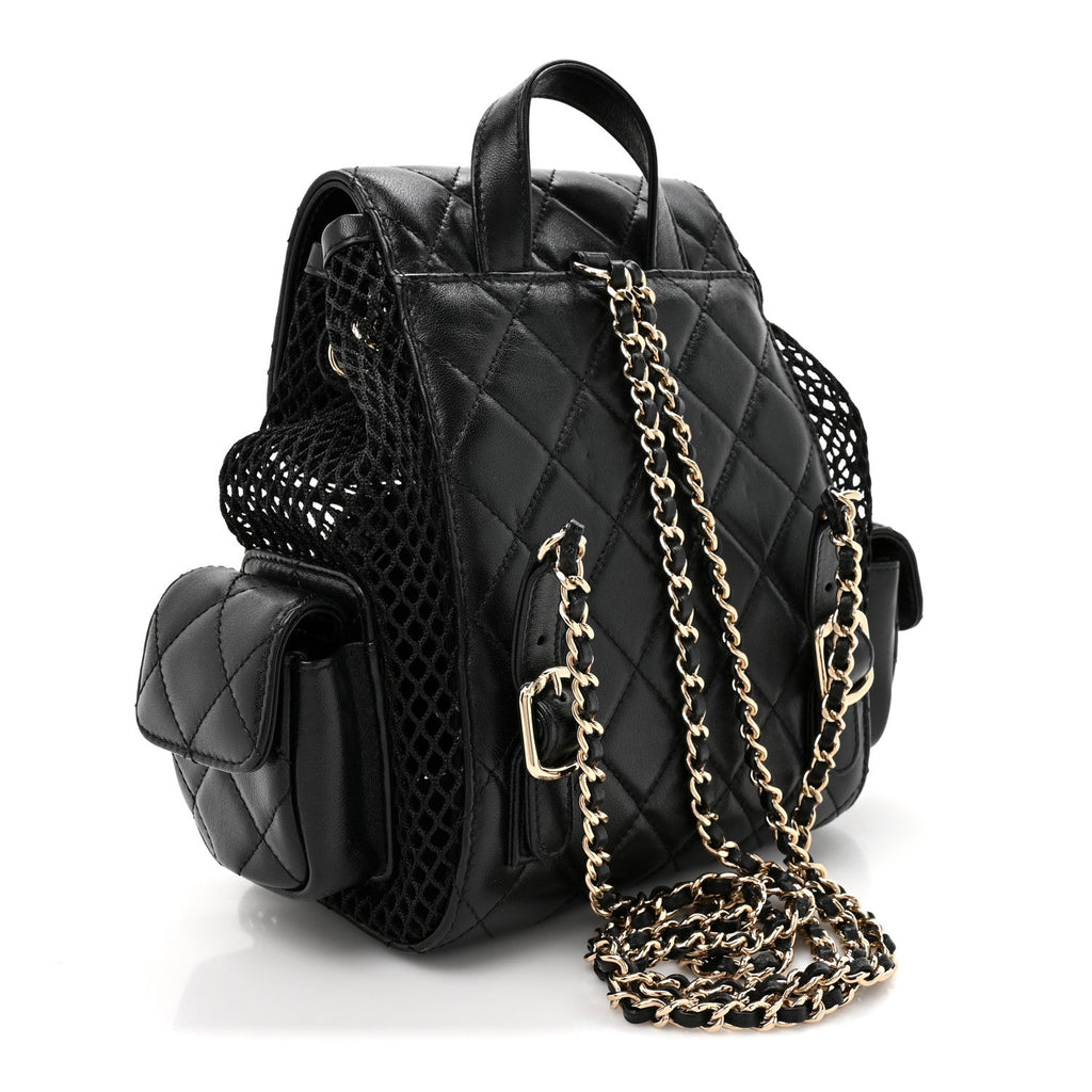Shiny Lambskin Mesh Quilted Small Cargo Duma Drawstring Backpack Black