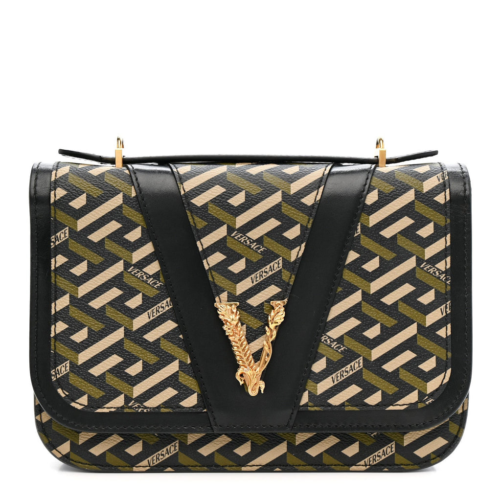 Coated Canvas La Greca Signature Print Virtus Top Handle Shoulder Bag Black Khaki
