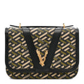 Coated Canvas La Greca Signature Print Virtus Top Handle Shoulder Bag Black Khaki