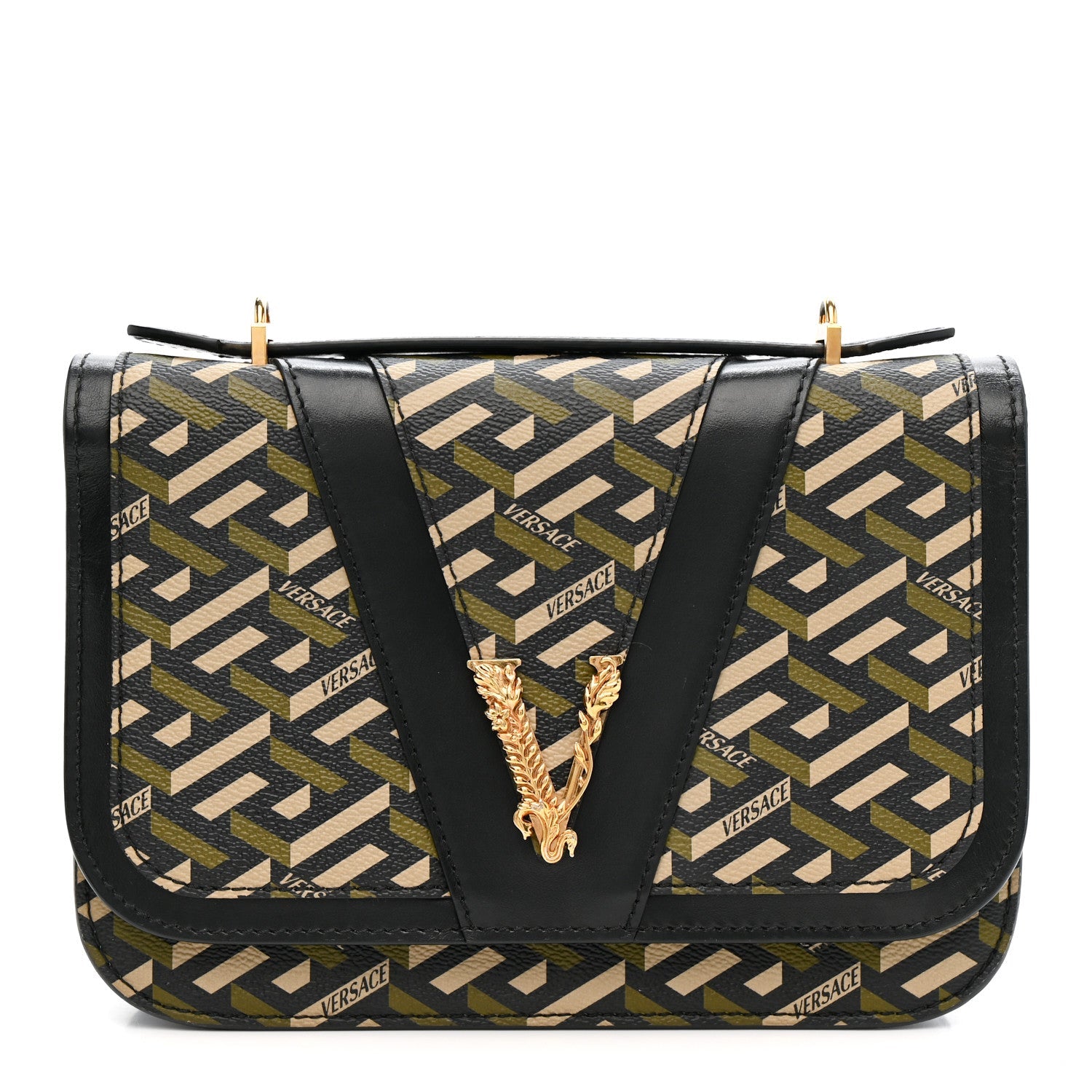 Coated Canvas La Greca Signature Print Virtus Top Handle Shoulder Bag Black Khaki