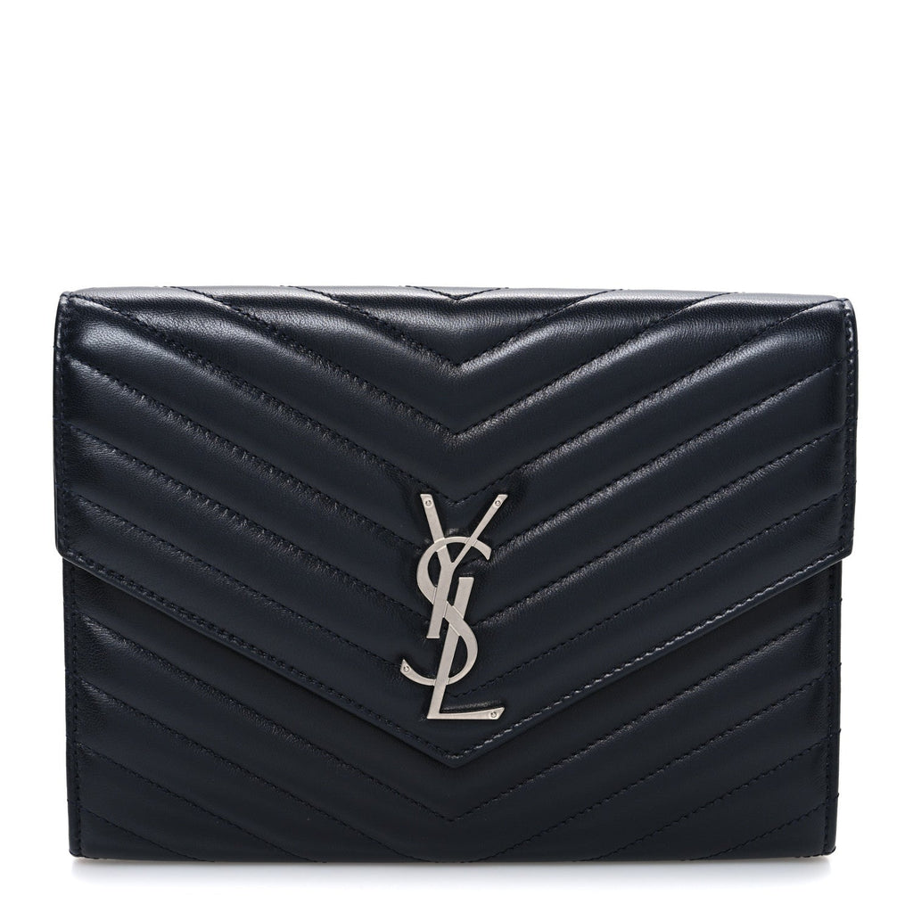 Lambskin Matelasse Chevron Monogram Cassandre Flap Pouch Navy