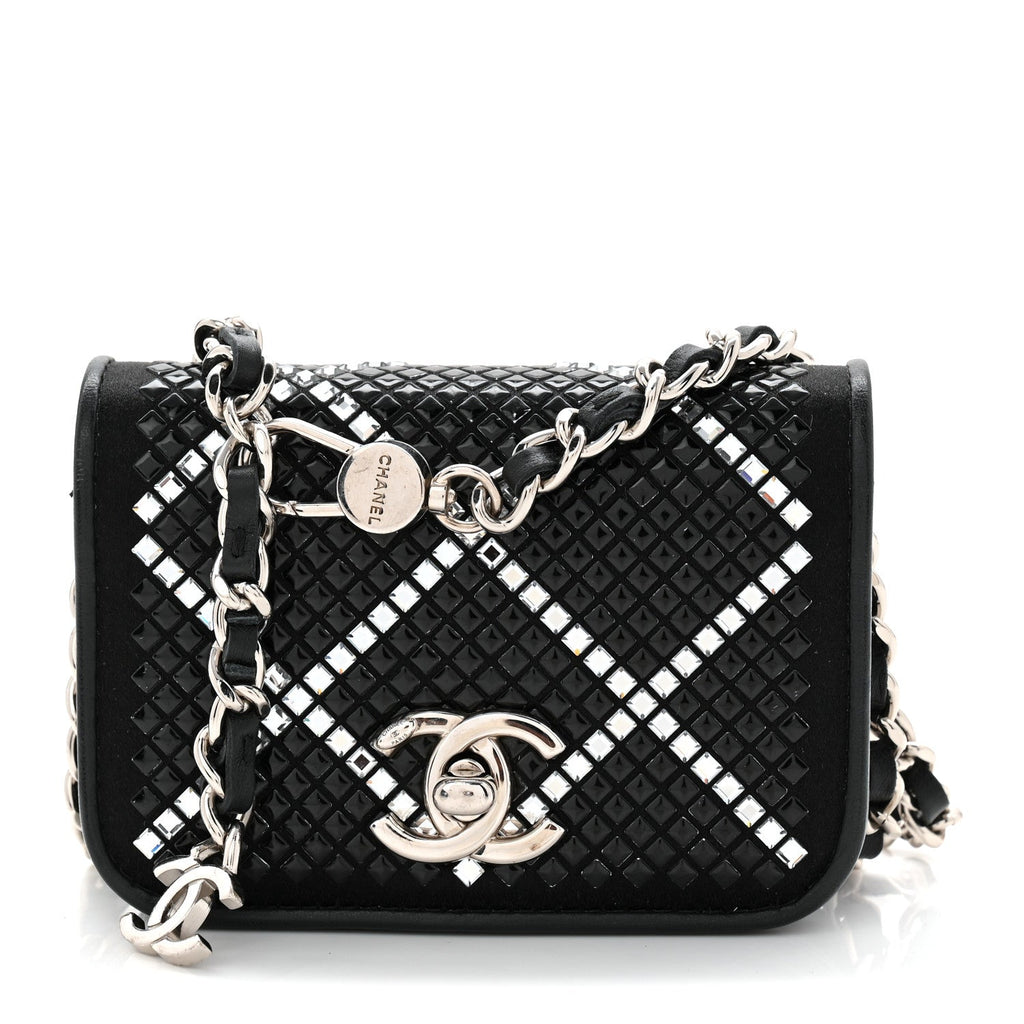 Lambskin Crystal Quilted Mini Chain Belt Bag Black
