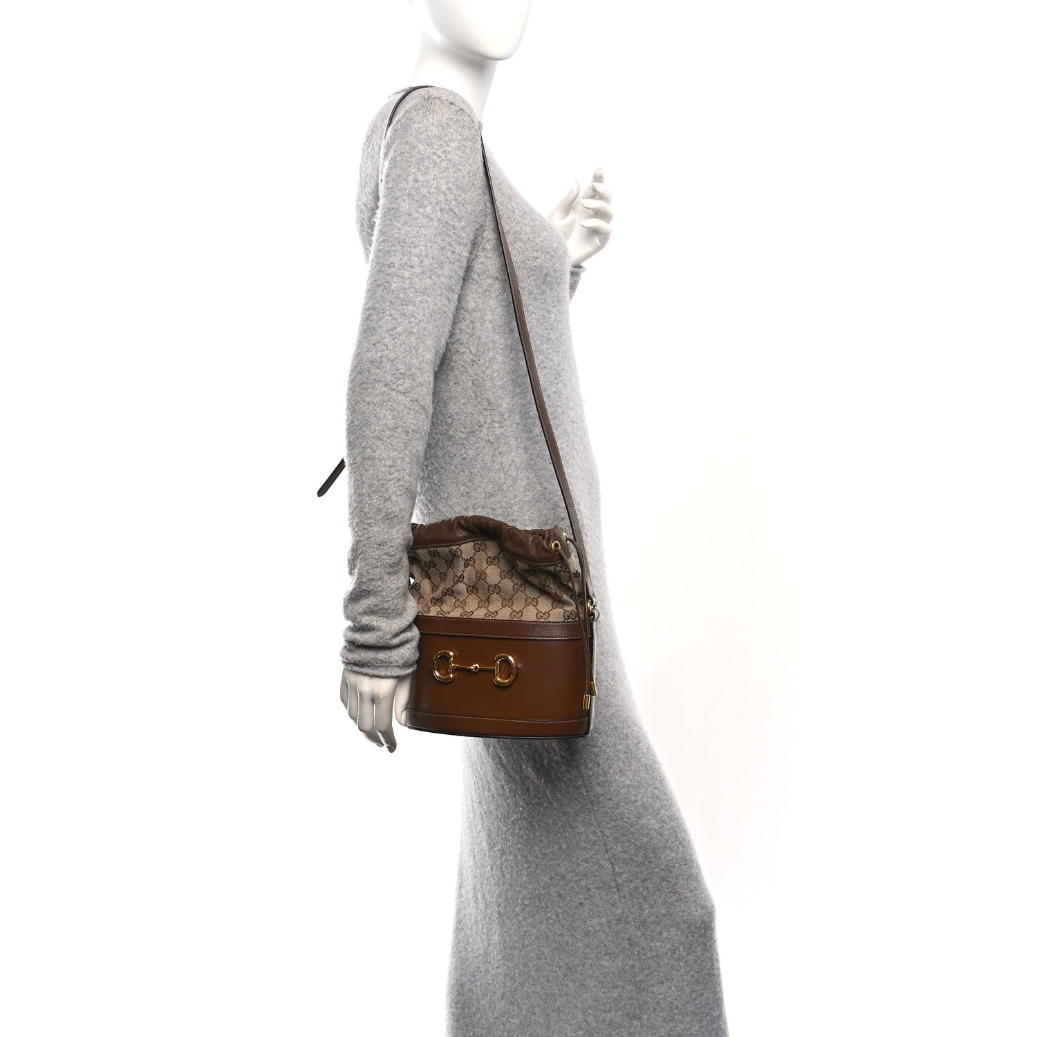 Monogram Textured Calfskin Horsebit 1955 Drawstring Bucket Bag Beige Brown Sugar