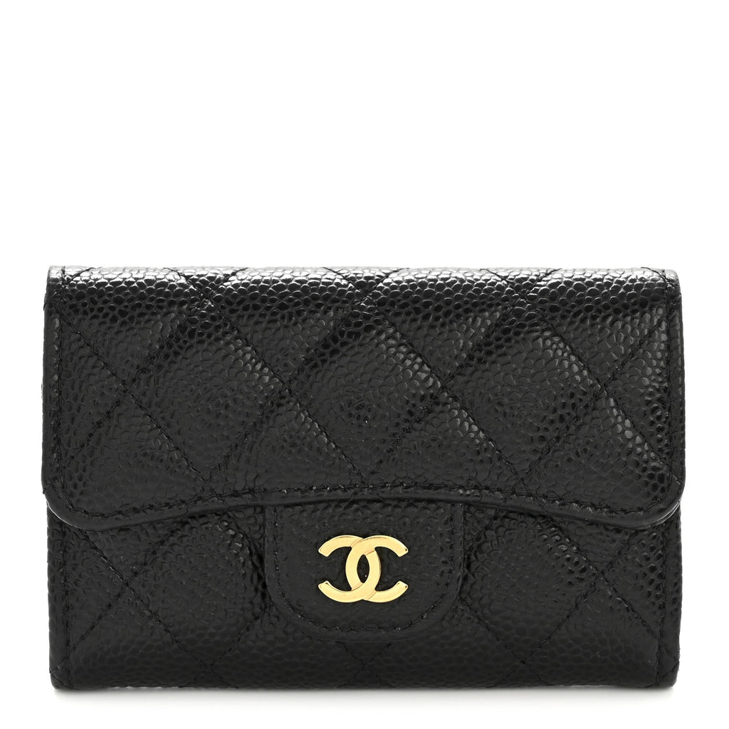 Caviar Quilted Flap  Holder Wallet Black