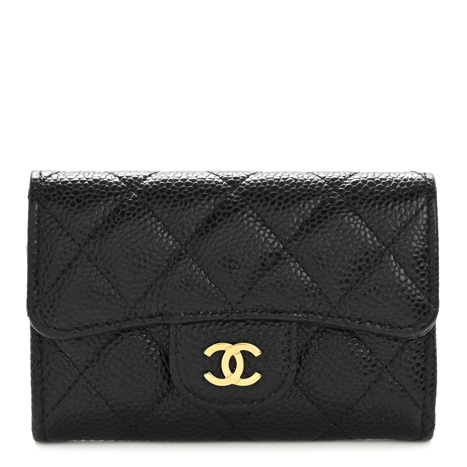 Caviar Quilted Flap  Holder Wallet Black