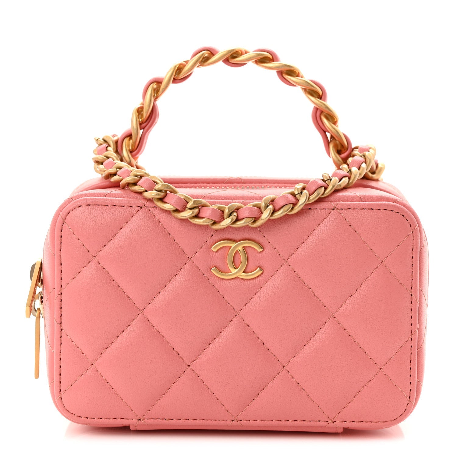 Lambskin Quilted Top Handle Mini Vanity Case Pink