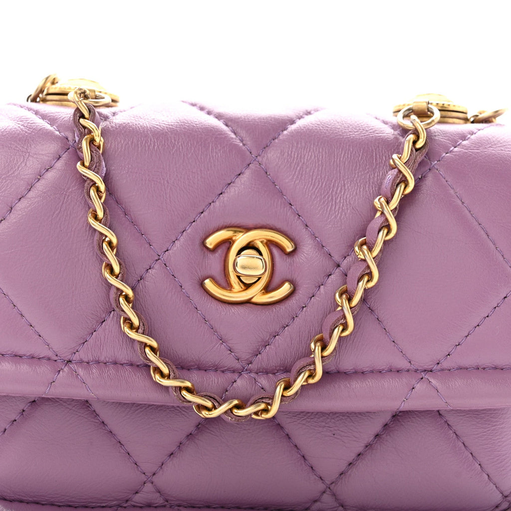 Shiny Lambskin Quilted Extra Mini Flap Purple
