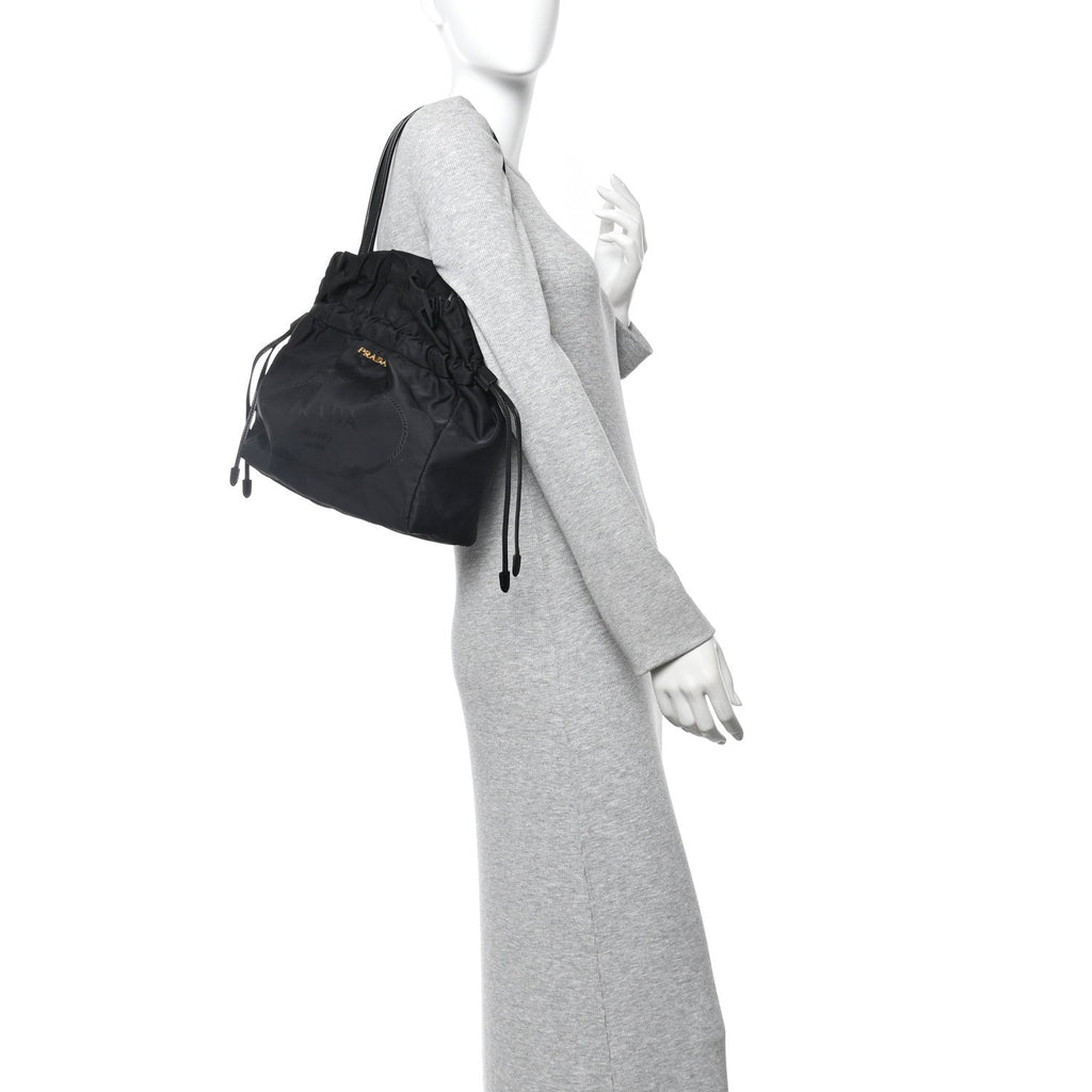 Tessuto Nylon Jacquard Logo Drawstring Tote Black