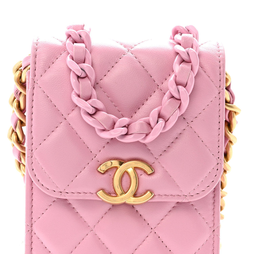 Lambskin Quilted Lacquered Chain Phone Holder With Chain Dark Pink