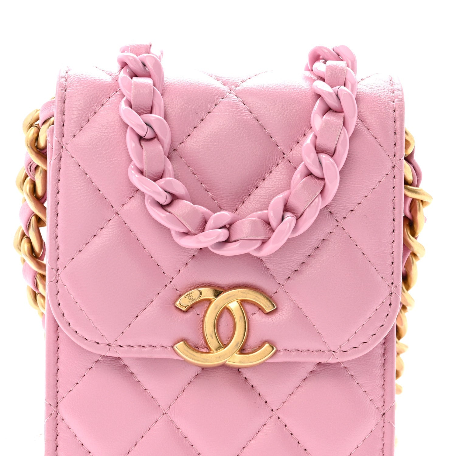 Lambskin Quilted Lacquered Chain Phone Holder With Chain Dark Pink