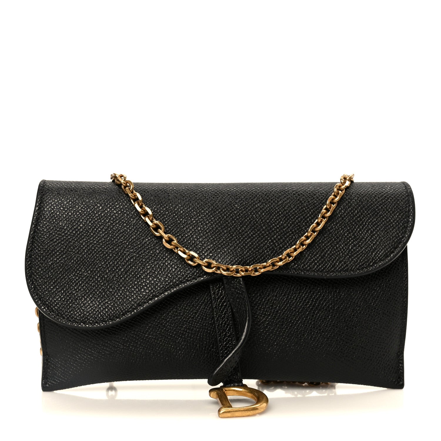 Grained Calfskin Saddle Chain Wallet Pouch Black