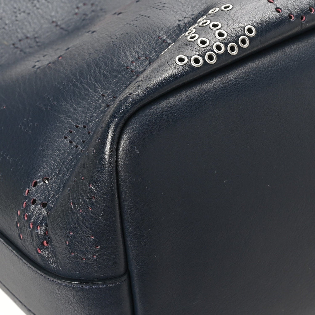 Calfskin Tweed Small Logo Eyelets Shopping Tote Navy Blue
