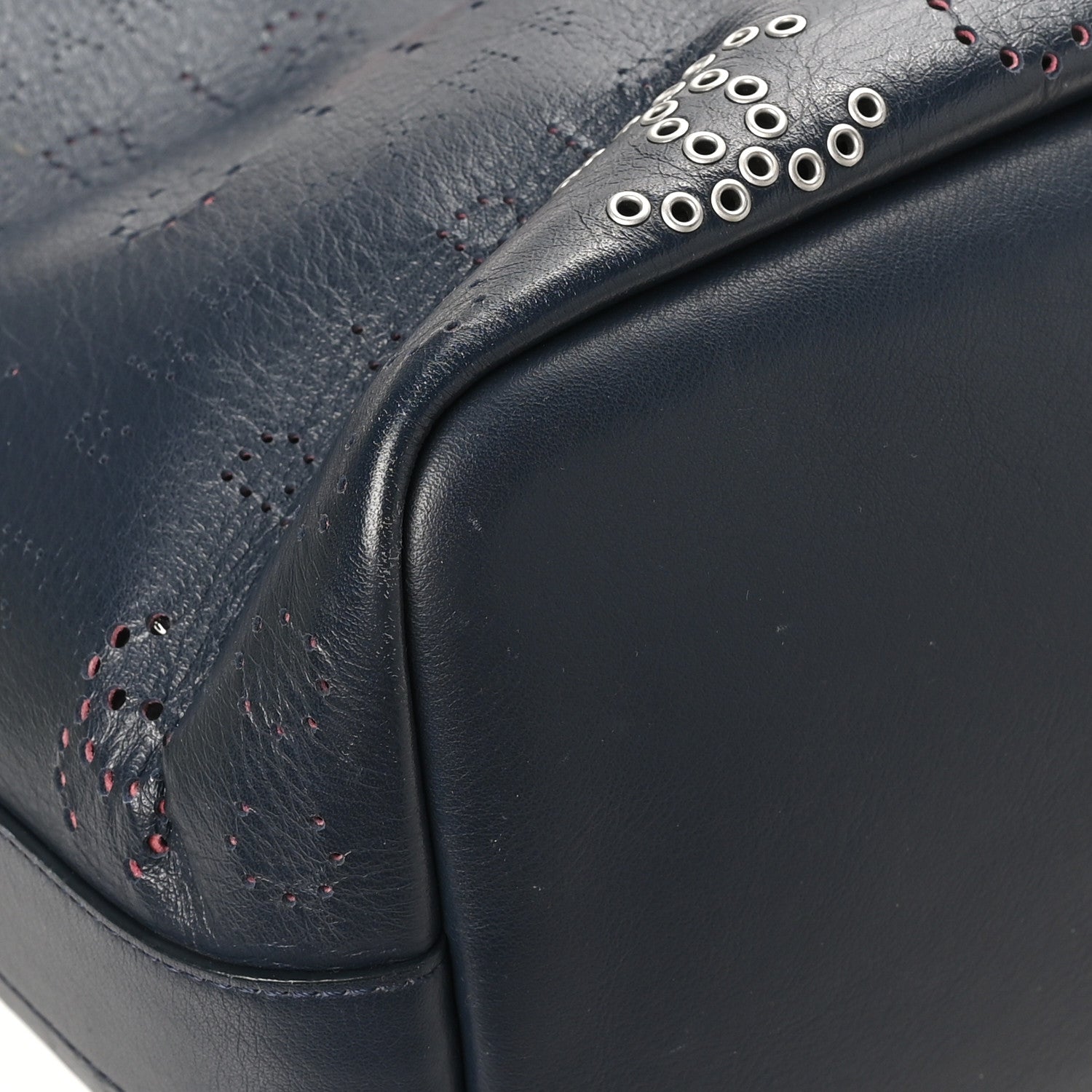 Calfskin Tweed Small Logo Eyelets Shopping Tote Navy Blue
