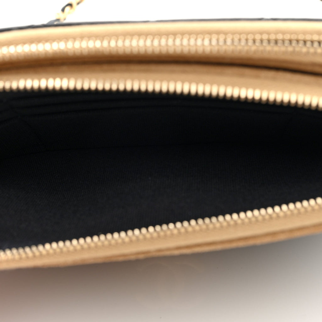 Suede Shiny Lambskin Quilted Phone Holder With Chain Black Beige