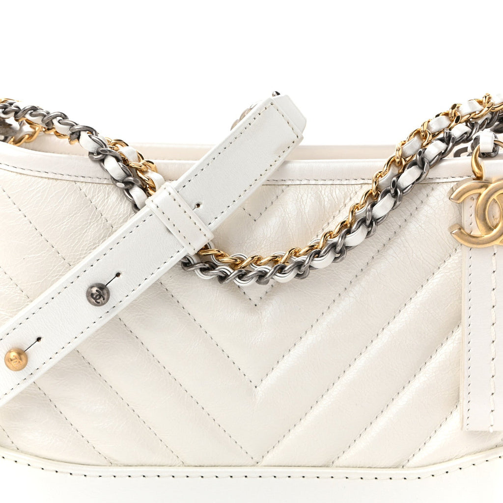 Iridescent Aged Calfskin Chevron Quilted Small Gabrielle Hobo White