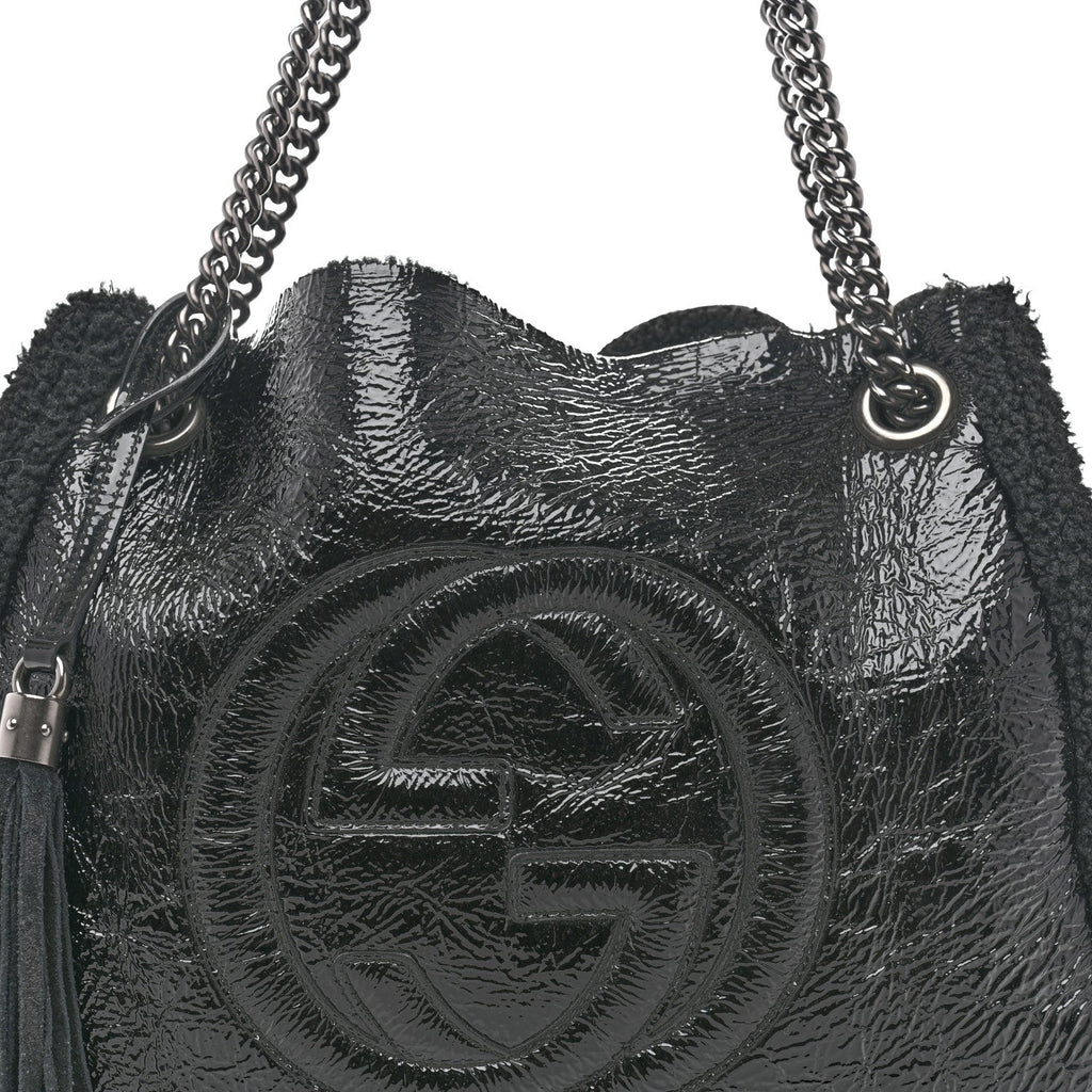 Patent Shearling Medium Soho Chain Shoulder Bag Black