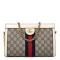 GG Supreme Monogram Textured Calfskin Web Small Ophidia Chain Shoulder Bag Beige Ebony Mystic White