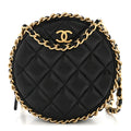 Lambskin Quilted Chain Around CC Round Clutch With Chain Black
