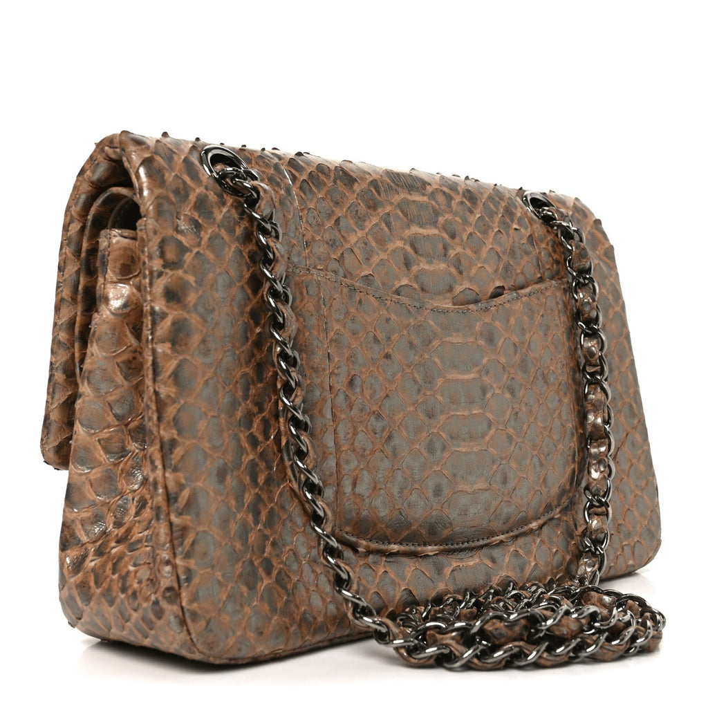 Metallic Snakeskin Medium Double Flap Beige