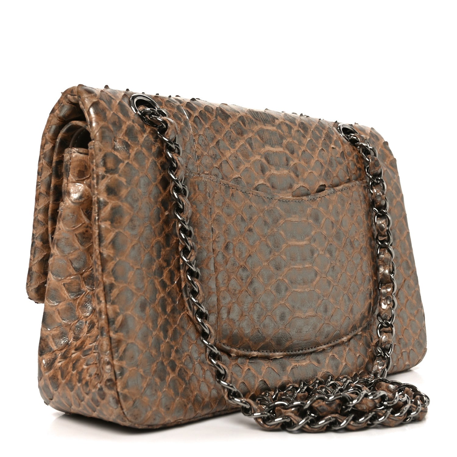 Metallic Snakeskin Medium Double Flap Beige