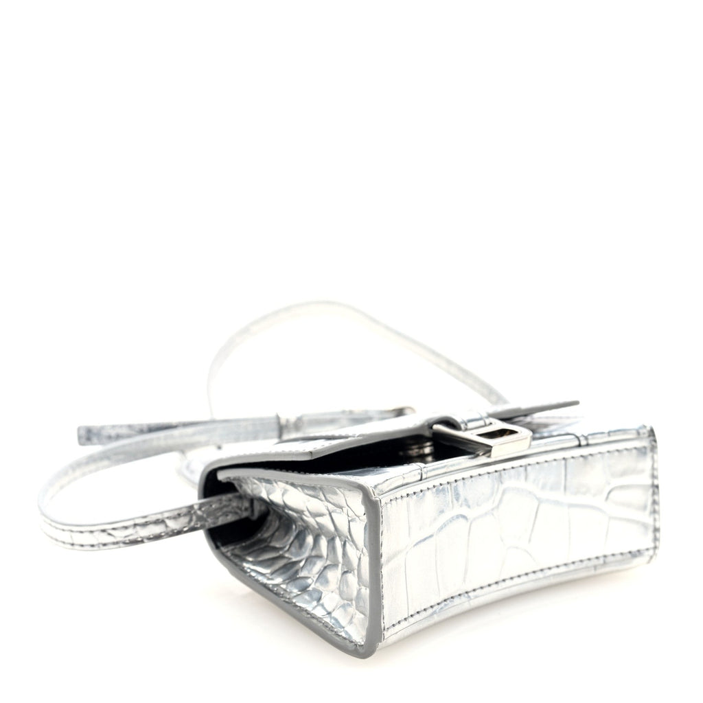 Metallic Calfskin Crocodile Embossed Hourglass Top Handle Bag Mini Silver