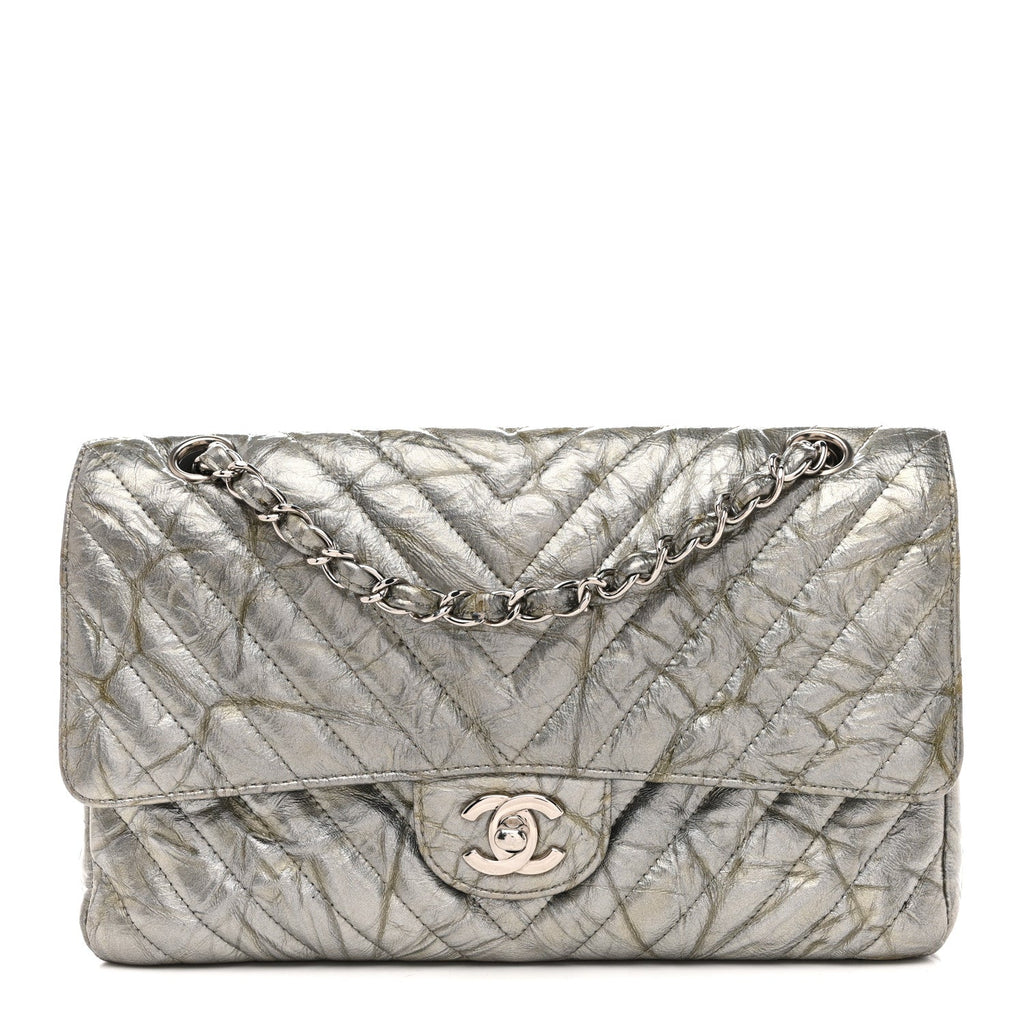 Metallic Patent Crumpled Calfskin Chevron Quilted Medium Double Flap Silver
