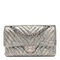 Metallic Patent Crumpled Calfskin Chevron Quilted Medium Double Flap Silver