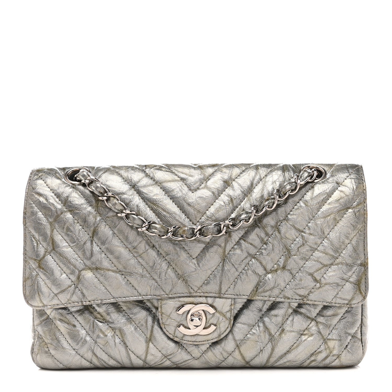 Metallic Patent Crumpled Calfskin Chevron Quilted Medium Double Flap Silver