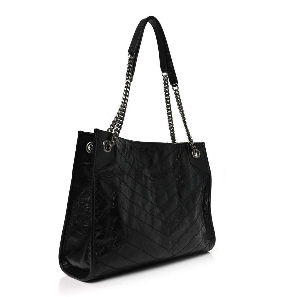 Crinkled Calfskin Matelasse Monogram Medium Niki Shopper Tote Black