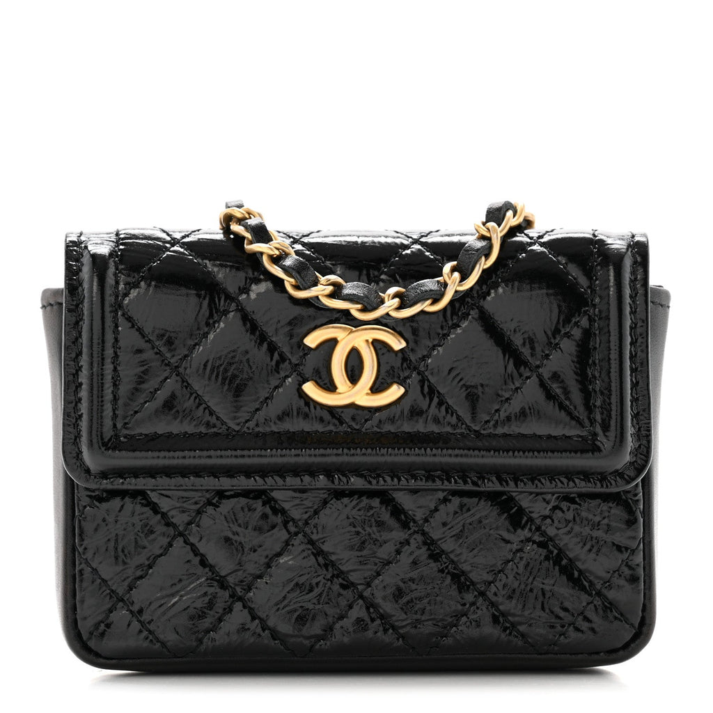 Shiny Aged Calfskin Quilted Waist Belt Bag Black