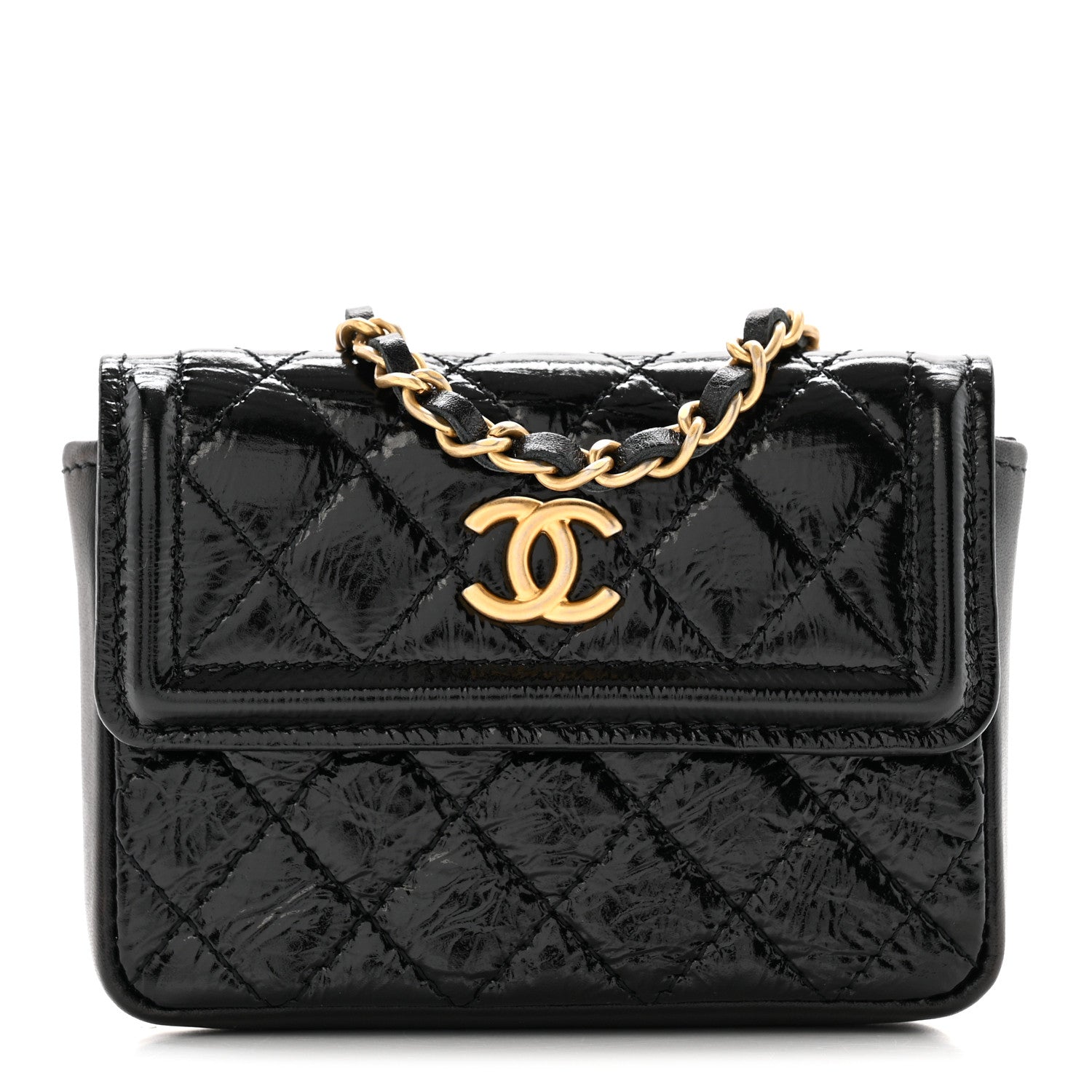 Shiny Aged Calfskin Quilted Waist Belt Bag Black
