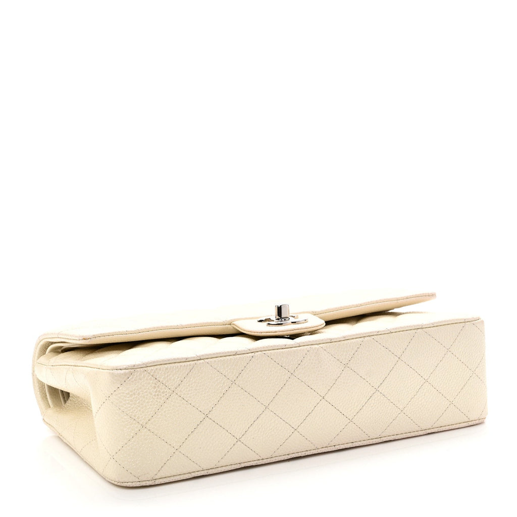 Iridescent Caviar Quilted Medium Double Flap White