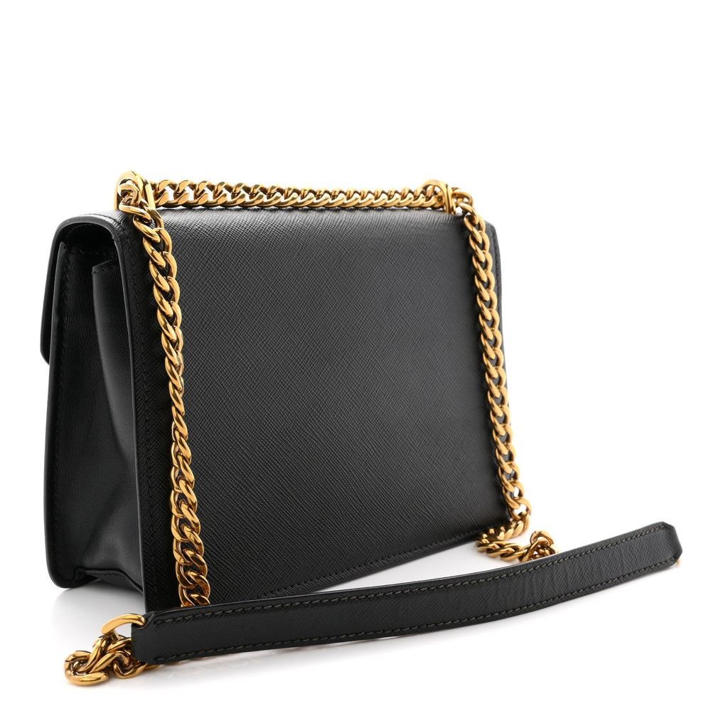 Saffiano Soft Calfskin Metal Triangle Logo Envelope Chain Shoulder Bag Black