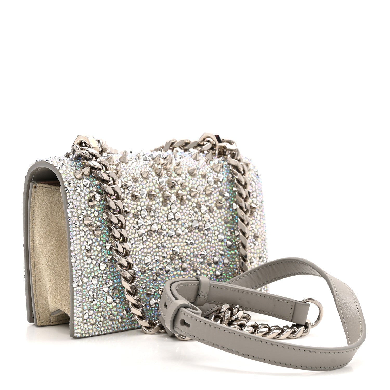 Suede Calfskin Crystal Studded Mini Jeweled Knuckle Satchel Silver