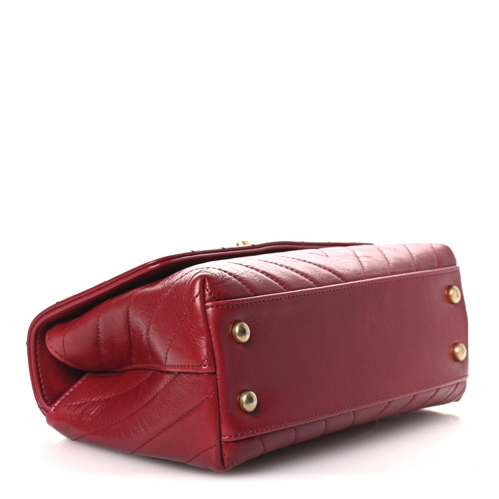 Aged Calfskin Chevron Quilted Mini Coco Handle Flap Red