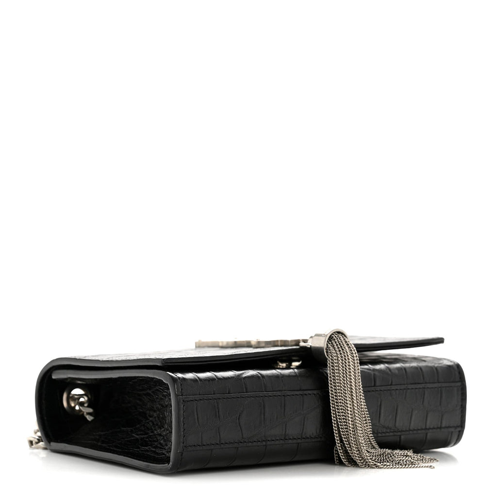 Calfskin Crocodile Embossed Small Classic Monogram Kate Tassel Satchel Black
