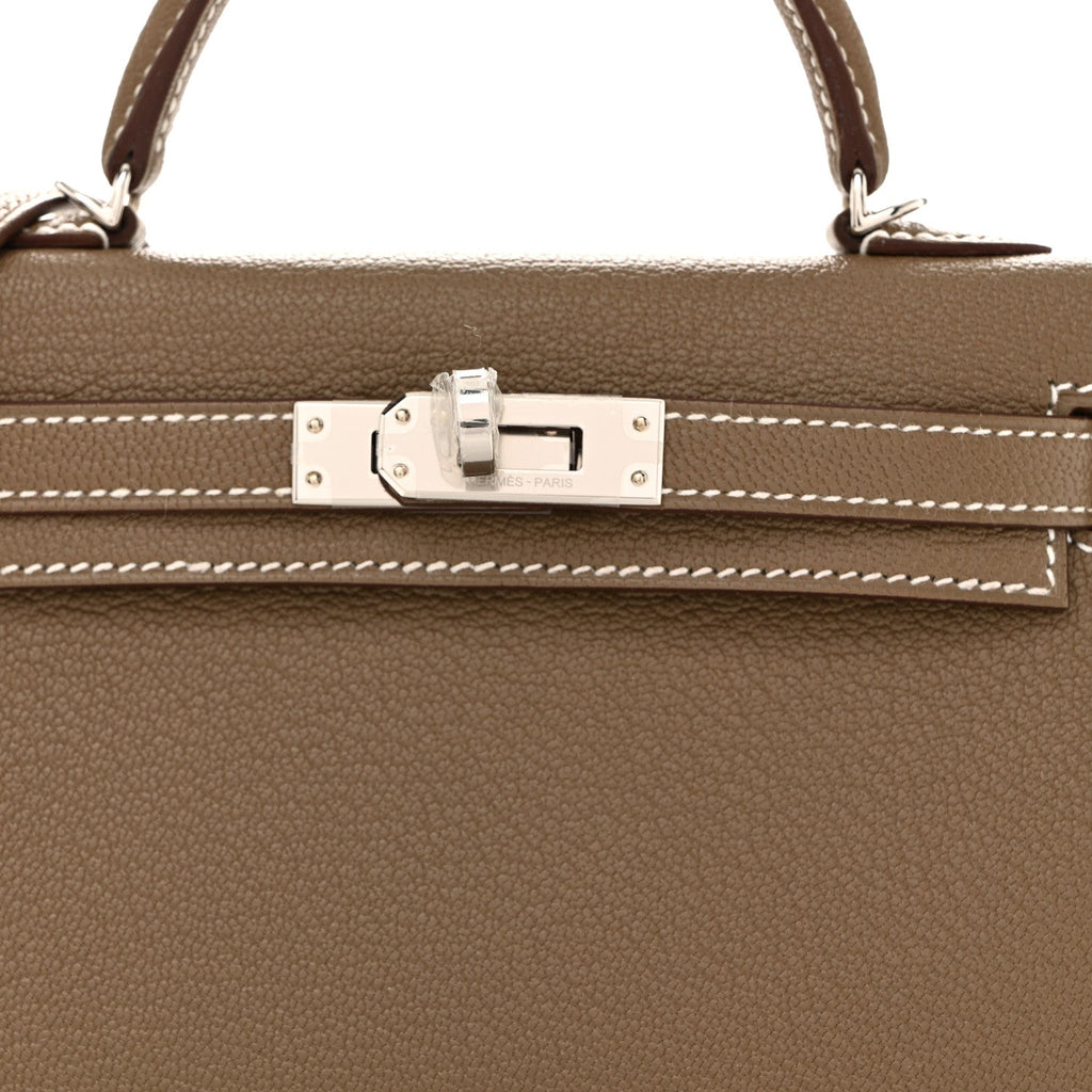Chevre Mysore Verso Mini Kelly Sellier 20 Etoupe New White