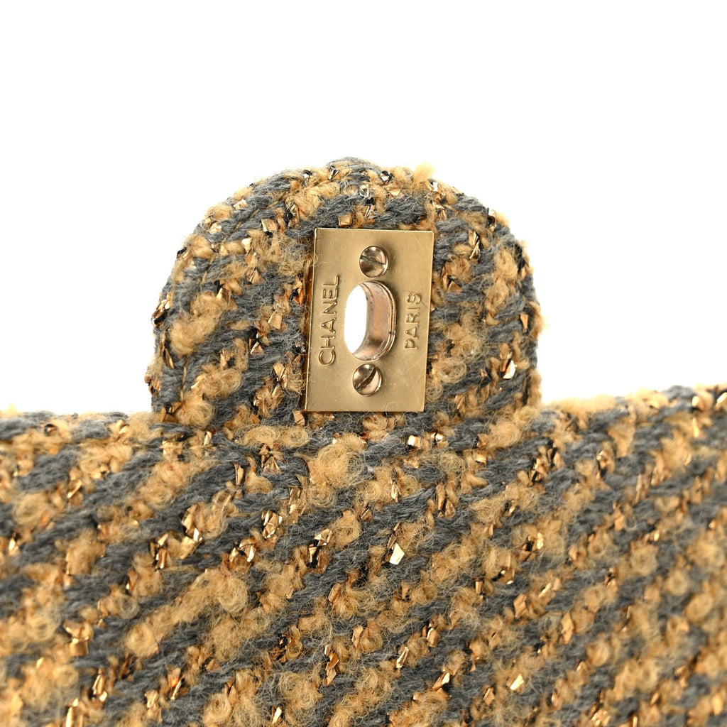 Metallic Tweed Quilted Medium Single Flap Beige Grey Gold