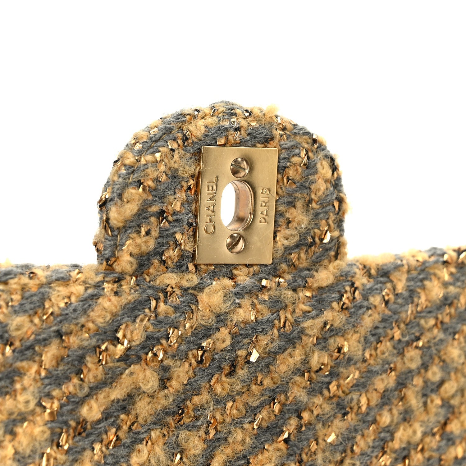 Metallic Tweed Quilted Medium Single Flap Beige Grey Gold
