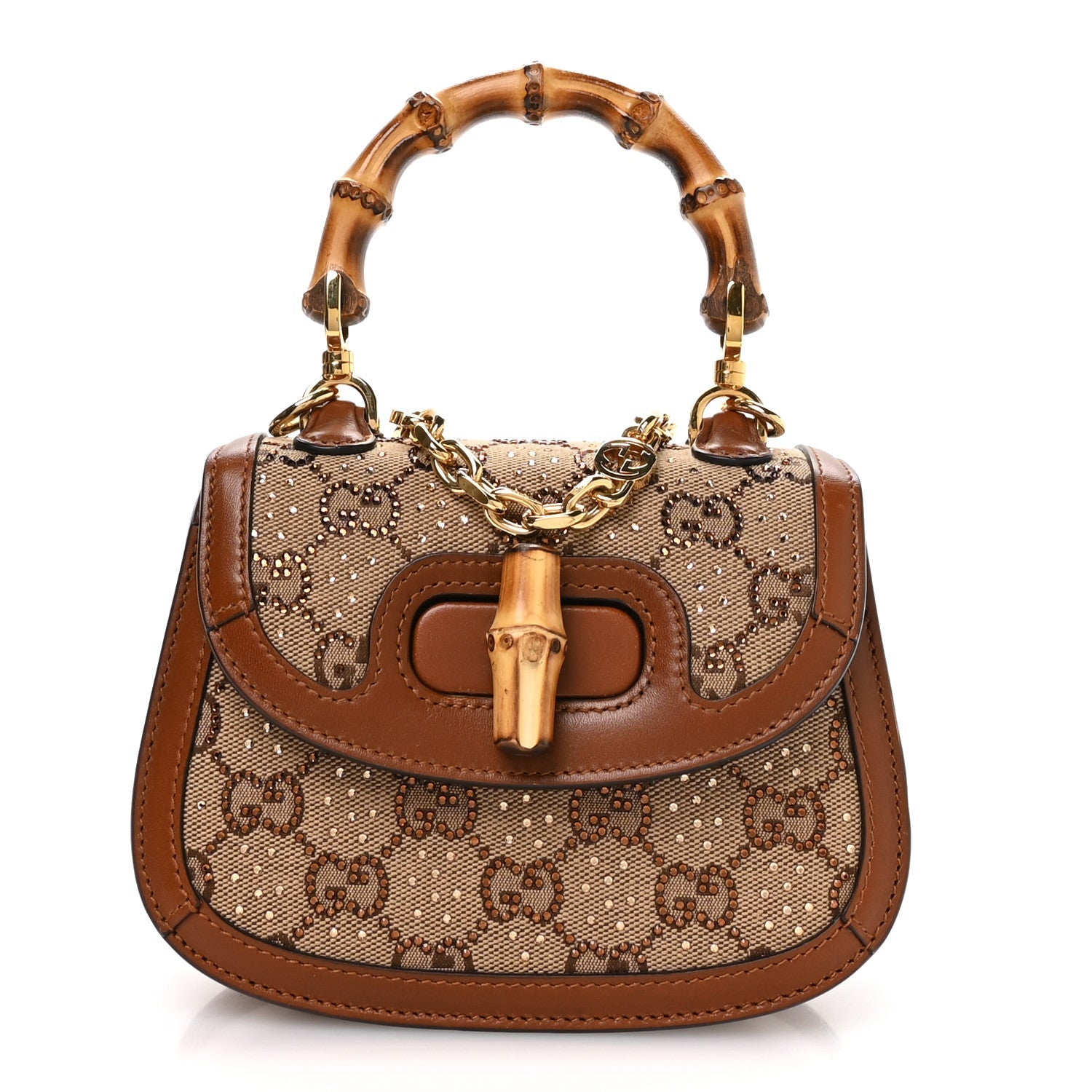 New Canvas Charisma Calfskin Crystal GG Monogram Small Bamboo 1947 Top Handle Bag Camel Ebony