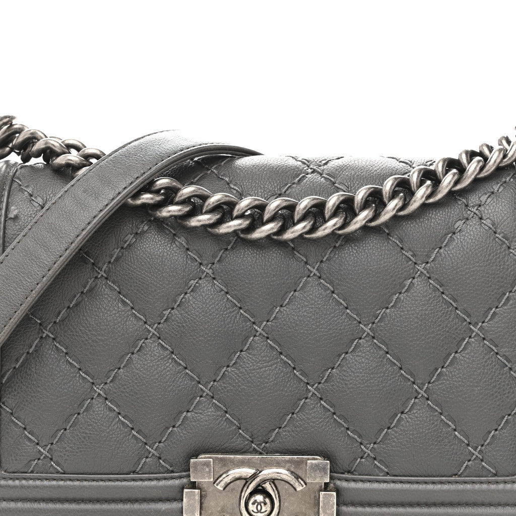 Calfskin Double Stitch Medium Boy Flap Grey