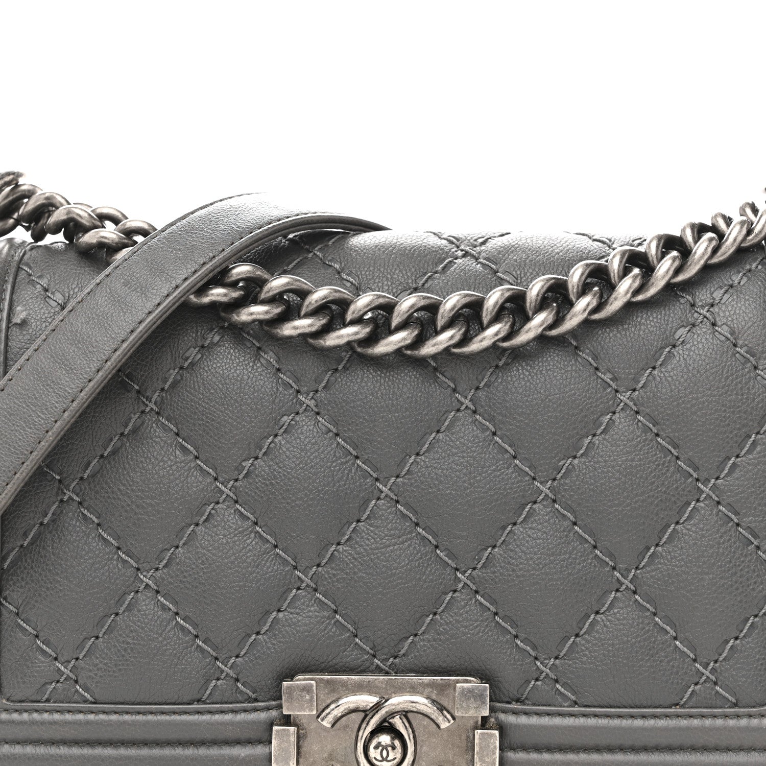 Calfskin Double Stitch Medium Boy Flap Grey