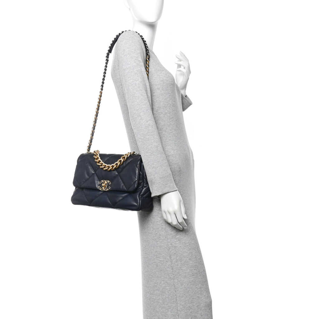 Goatskin Quilted Large Chanel 19 Flap Navy Blue