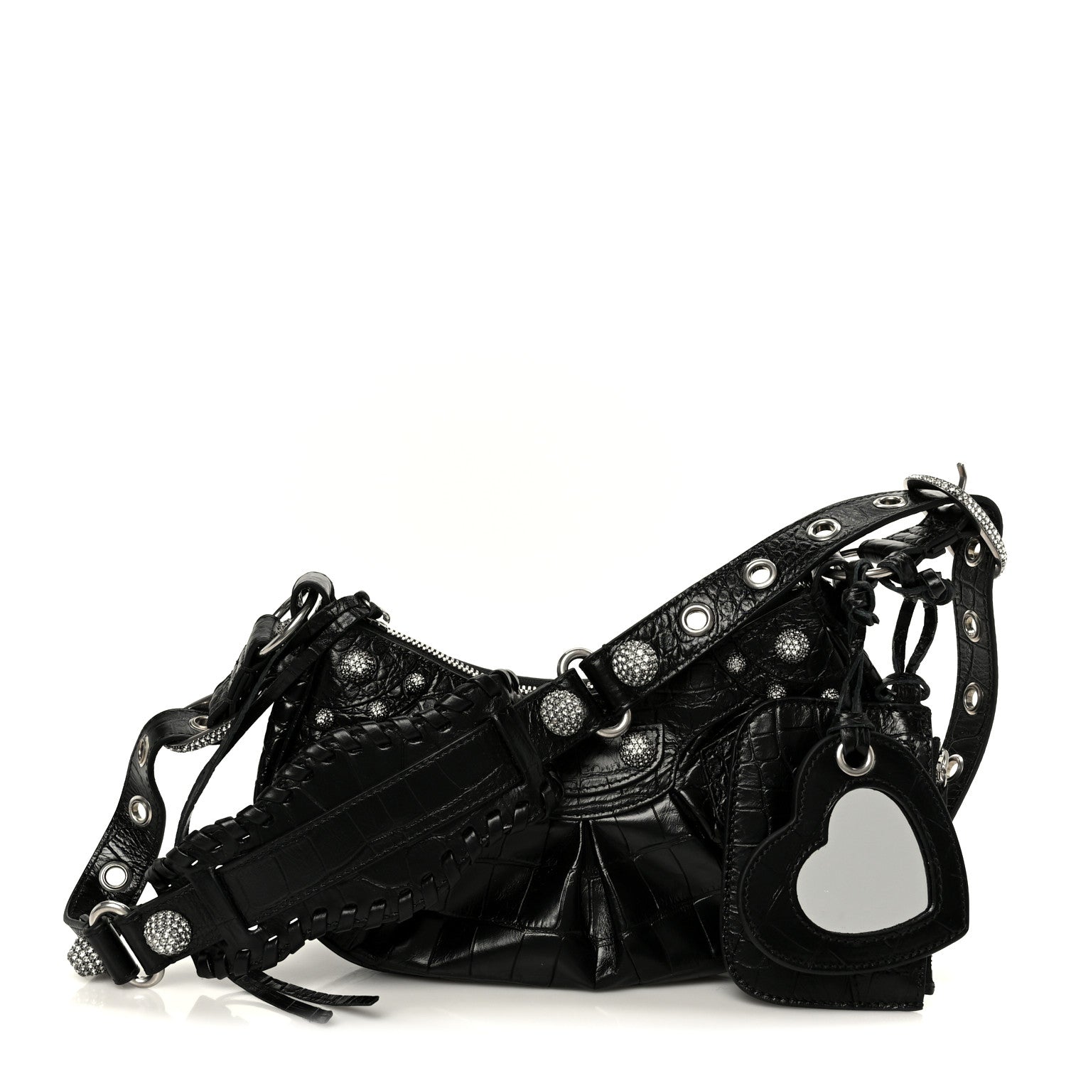 Extra Supple Calfskin Crystal Crocodile Embossed Le Cagole Shoulder Bag XS Black
