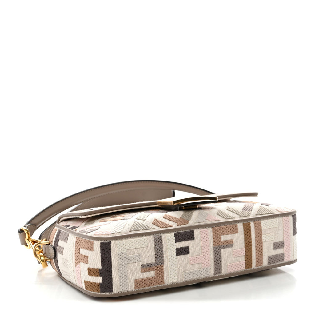 Canvas Vitello Seta FF Multicolor Embroidered Baguette Grezzo Multicolor Tortora