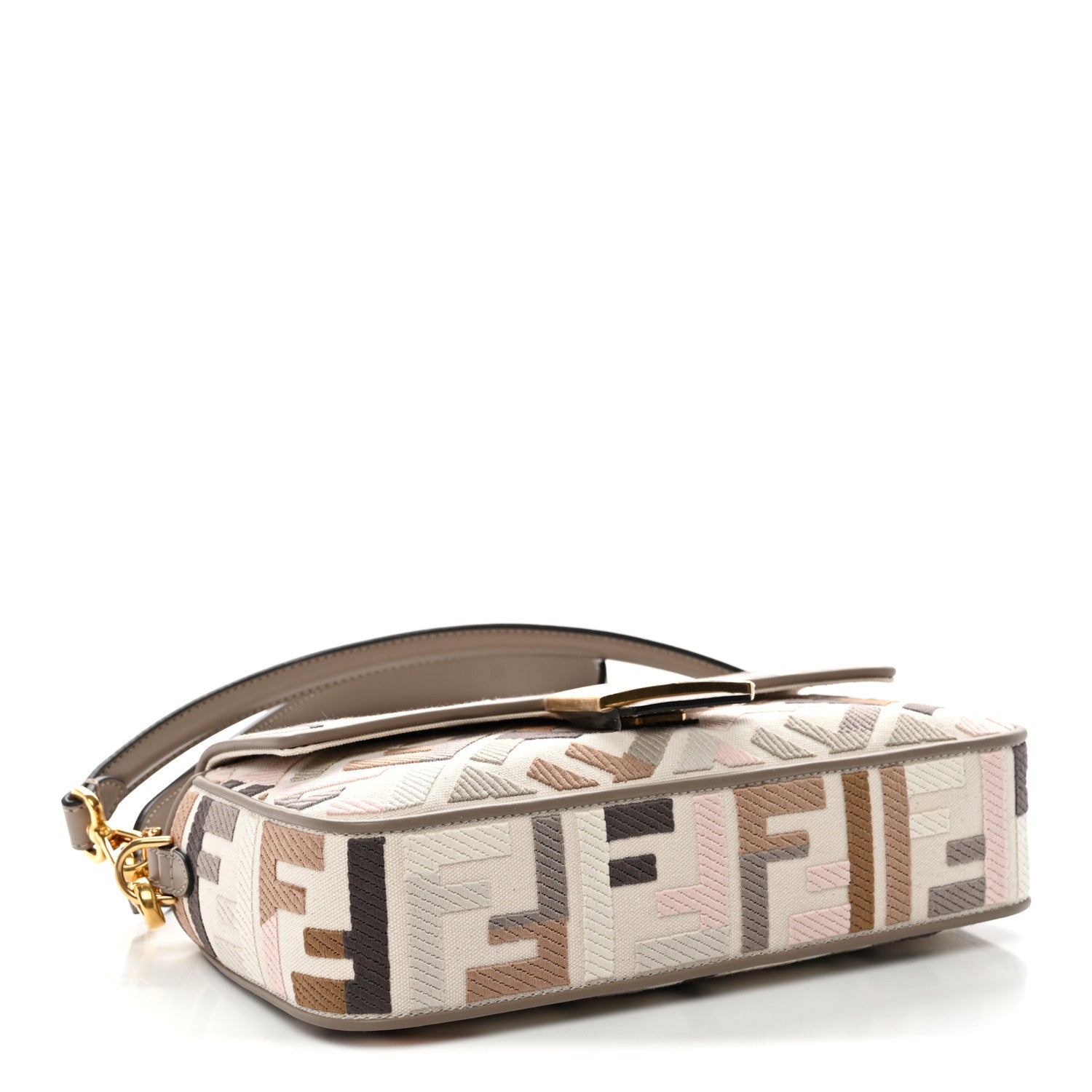 Canvas Vitello Seta FF Multicolor Embroidered Baguette Grezzo Multicolor Tortora