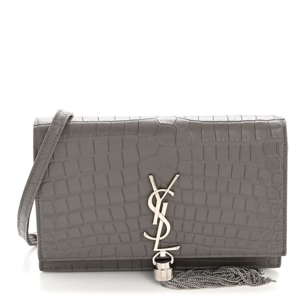 Calfskin Crocodile Embossed Kate Monogram Tassel Chain Wallet Fog
