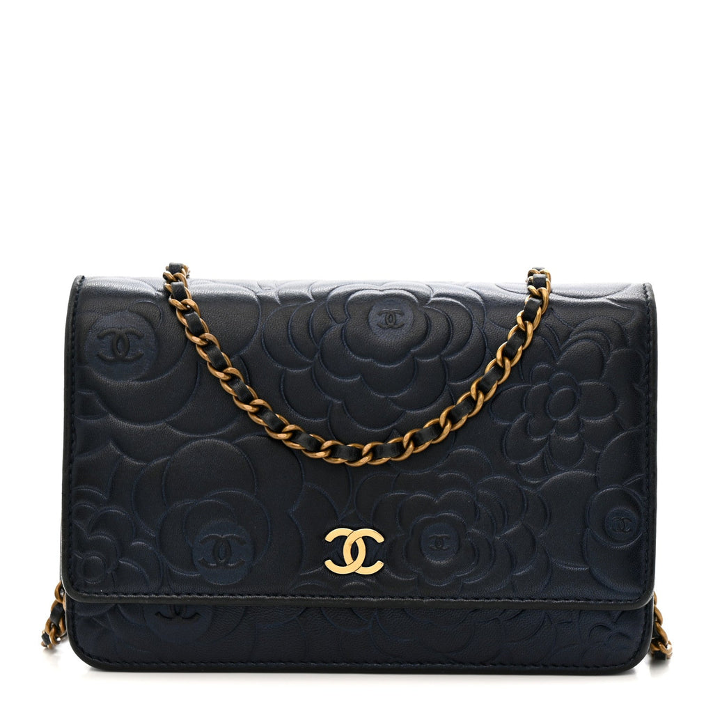 Metallic Lambskin Camellia Embossed Wallet on Chain WOC Navy