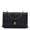 Metallic Lambskin Camellia Embossed Wallet on Chain WOC Navy